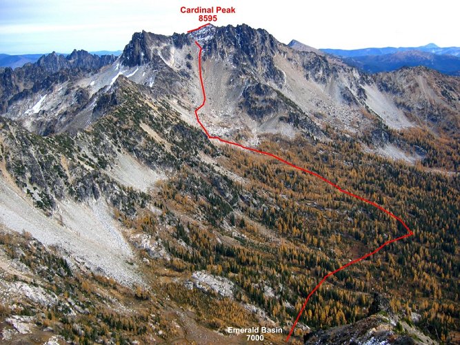 Cardinal was the highest peak of the trip at 8595 feet, dominating the east side of the North Fork basin.
To scramble Cardinal, we took the trail south about a mile, hiked up larch meadows to the base of the peak, scrambled up the wide rock-filled central gully, went east through the central notch, and then scrambled up southwest to the summit.
